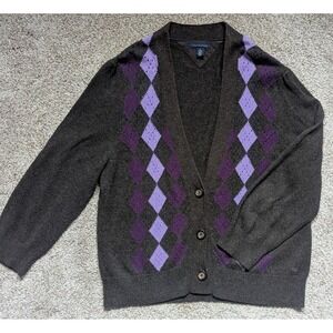 Tommy Hilfiger Womens Sz XL Argyle Cardigan Sweater Brown Purple Cotton Cashmere